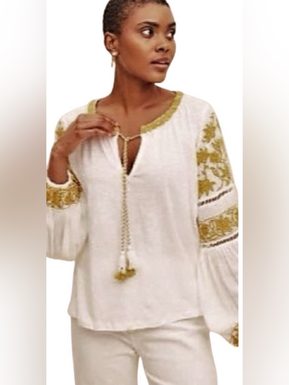 Anthropologie Aja Embroidered Peasant Blouse White and Gold Women's Top Sz Small